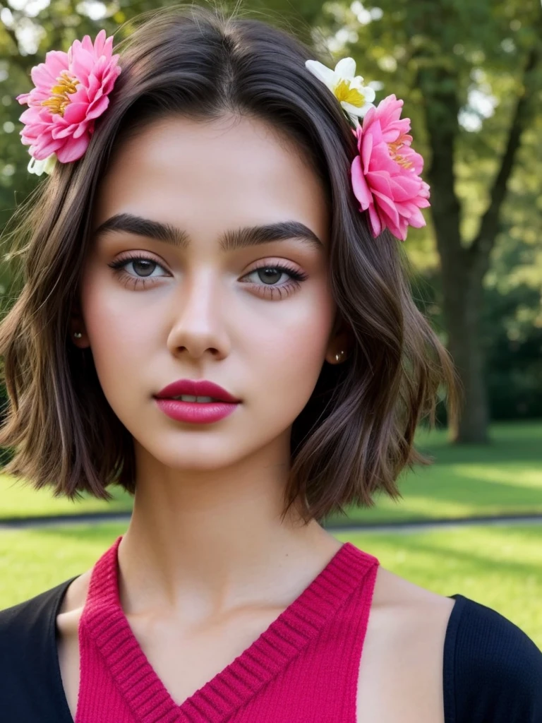 1 girl, influencer, name sophia, teen, edad16, Alone, (((HAIR SHORT))) ultra realistic, looking at the viewer, rubio, bare shoulders, with a flower in her hair ((Honey eyes)), gafas, whole body, jacket black, sweater, dress, wiki, off the shoulders, park, ultra realistic, a sexy, beautiful, White skin, well detailed, pink cheeks, Red lips, Ultra sexy, birthday
