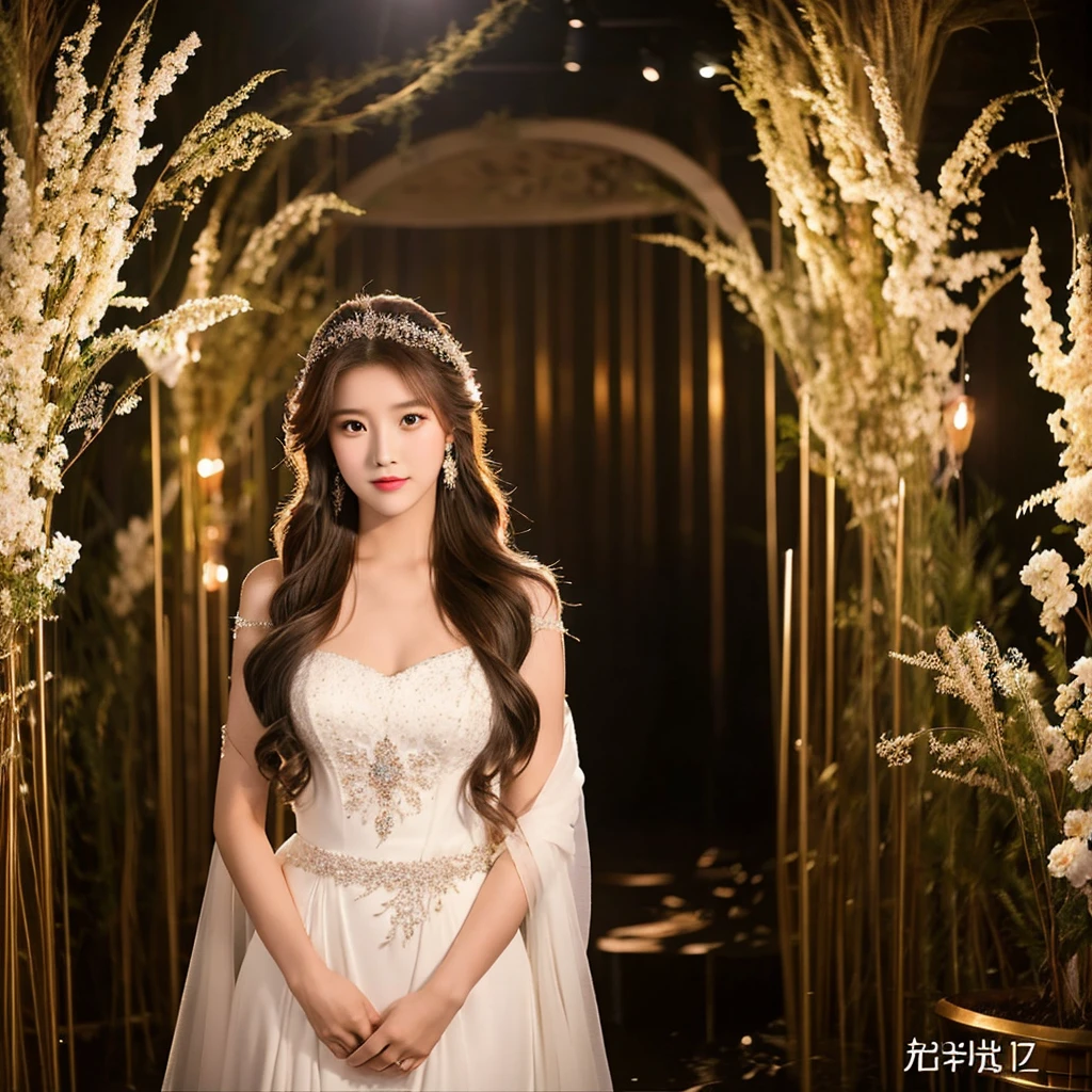 Generate an image of an extraordinarily beautiful 20-year-old Asian woman standing alone, whose beauty rivals that of a goddess of the fire element. She has large brown eyes, dark brown hair, glowing skin, and a captivating appearance. She is wearing a stunning white wedding dress that accentuates her elegance. The woman stands charmingly alone, her beauty appearing as if blessed by nature, in a very romantic and lovely aisle adorned with flowers and soft lighting, exuding a magical and serene atmosphere.