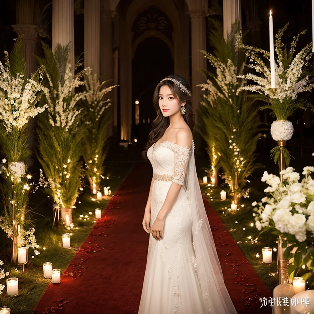 Generate an image of an extraordinarily beautiful 20-year-old Asian woman standing alone, whose beauty rivals that of a goddess of the fire element. She has large brown eyes, dark brown hair, glowing skin, and a captivating appearance. She is wearing a stunning white wedding dress that accentuates her elegance. The woman stands charmingly alone, her beauty appearing as if blessed by nature, in a very romantic and lovely aisle adorned with flowers and soft lighting, exuding a magical and serene atmosphere.