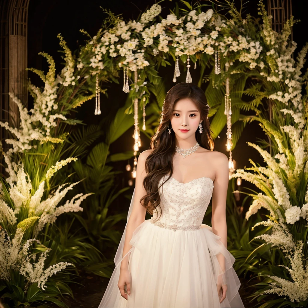 Generate an image of an extraordinarily beautiful 20-year-old Asian woman standing alone, whose beauty rivals that of a goddess of the fire element. She has large brown eyes, dark brown hair, glowing skin, and a captivating appearance. She is wearing a stunning white wedding dress that accentuates her elegance. The woman stands charmingly alone, her beauty appearing as if blessed by nature, in a very romantic and lovely aisle adorned with flowers and soft lighting, exuding a magical and serene atmosphere.