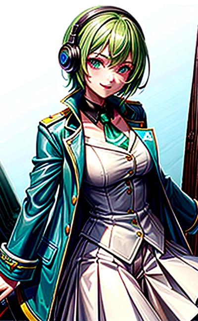 1Girl, cute, happy, short green hair, green eyes, dragon horn headphone, jacket, magic circle