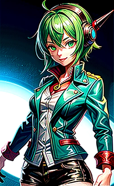 1Girl, cute, happy, short green hair, green eyes, dragon horn headphone, jacket, magic circle