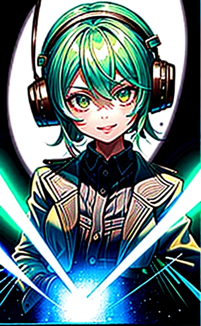 1Girl, cute, happy, short green hair, green eyes, dragon horn headphone, jacket, magic circle