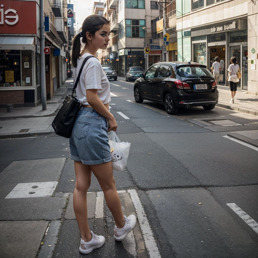 A baby cat walked along the street with a plastic bag