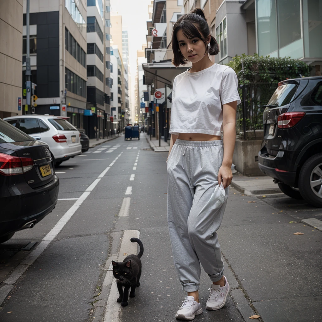A baby cat walked along the street with a plastic bag