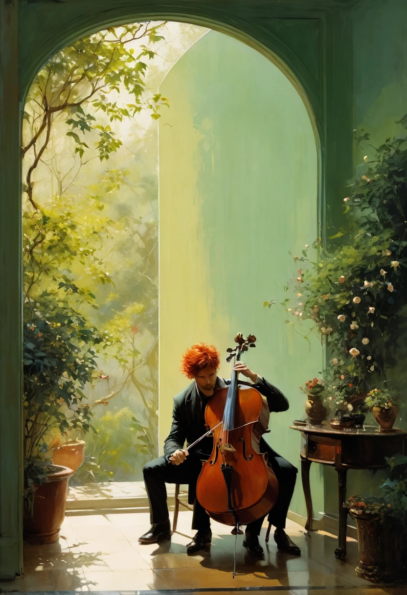  by Aaron Horkey and Jeremy Mann, masterpiece, best quality, Photorealistic, ultra-high resolution, photographic light, illustration by MSchiffer, fairytale, Hyper detailed, Minimalist scene, a Latin man looks out the window at a minimalist garden of jasmine of various colors, in the garden there is a red-haired man playing a high-chroma green cello