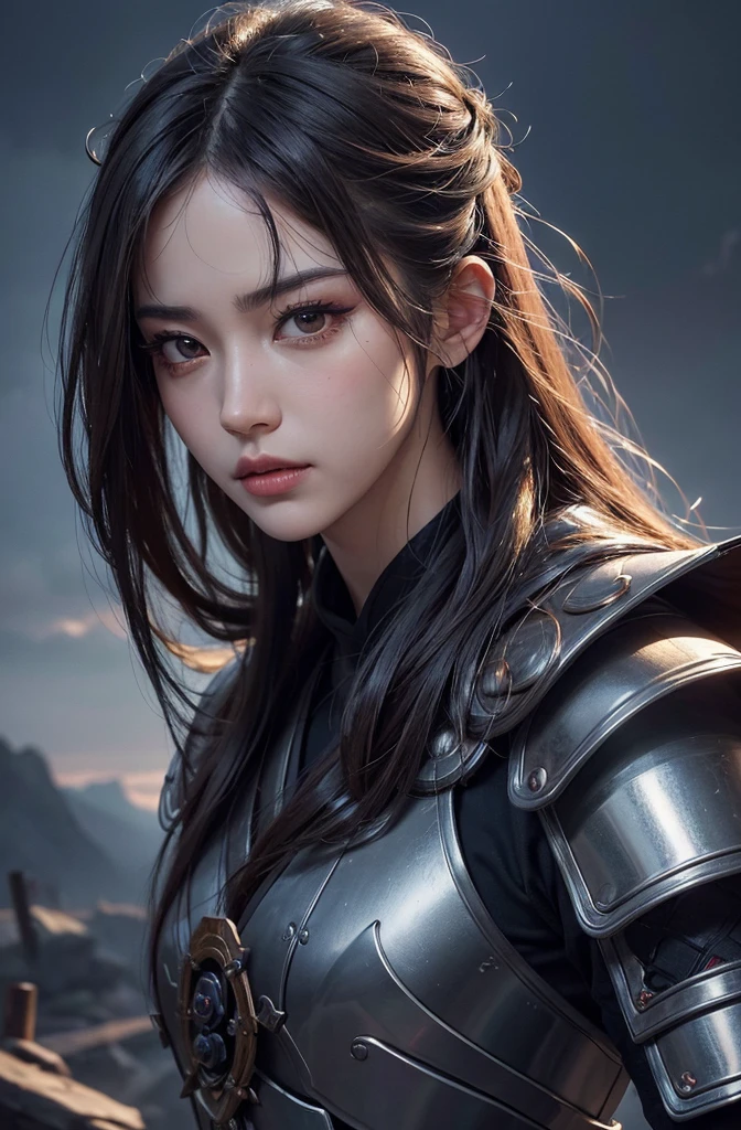(Better Quality, Highs:-, Super detailed), Realistic, High resolution, solve, Detailed eyes and face, Detailed lips, Long eyelashes, juuichi , Beautiful Features, Curved body, Samurai costume and armor,Look directly at the viewer, intense expression, emotional expression, Mysterious atmosphere、Stand in the desolate wilderness、Full body portrait