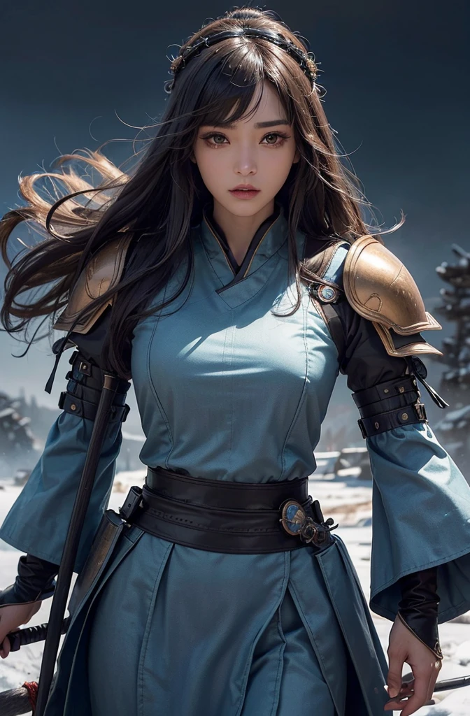 (Better Quality, Highs:-, Super detailed), Realistic, High resolution, solve, Detailed eyes and face, Detailed lips, Long eyelashes, juuichi , Beautiful Features, Curved body, Samurai costume and armor,Look directly at the viewer, intense expression, emotional expression, Mysterious atmosphere、Stand in the desolate wilderness、Full body portrait