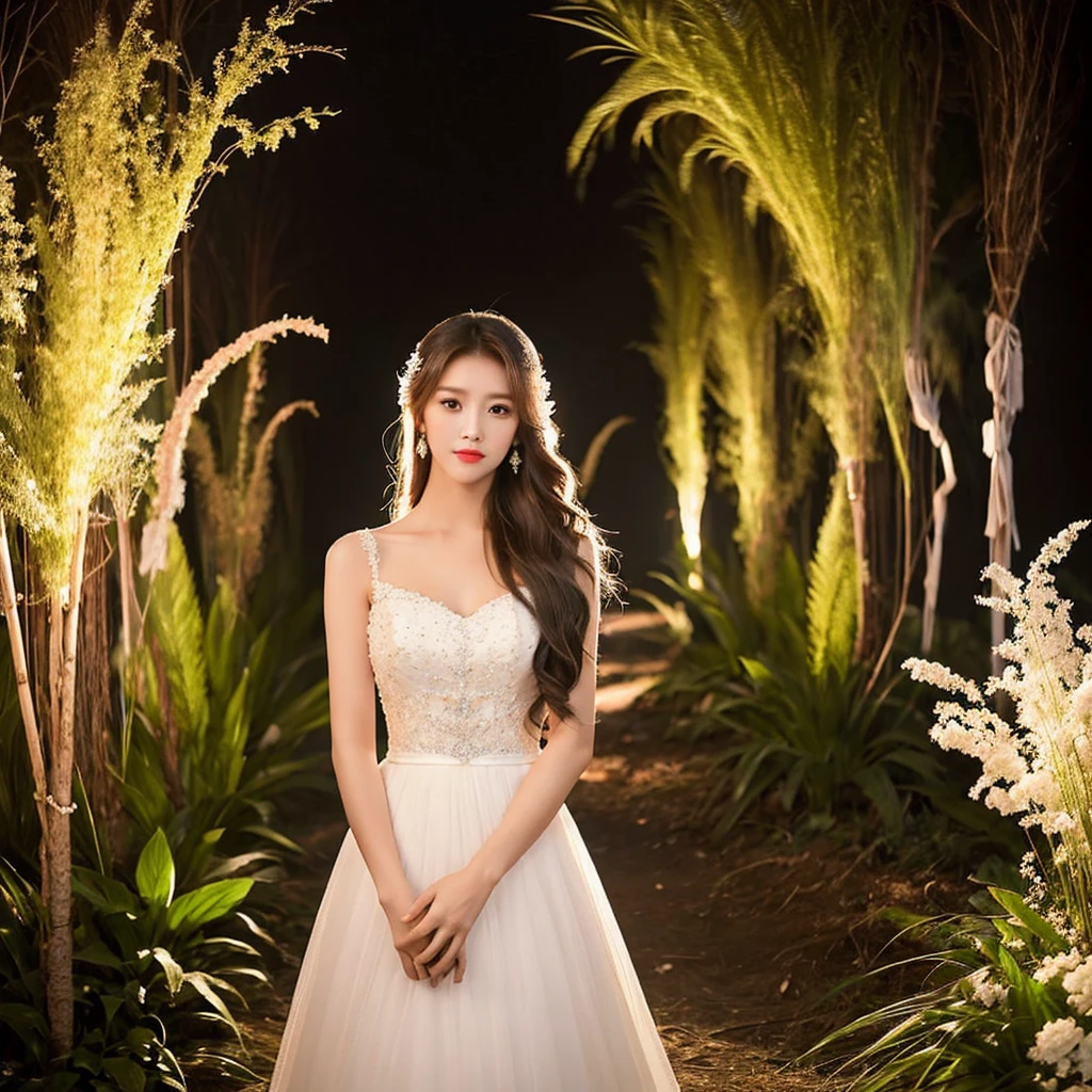 Generate an image of an extraordinarily beautiful 20-year-old Asian woman standing alone, whose beauty rivals that of a goddess of the fire element. She has large brown eyes, dark brown hair, glowing skin, and a captivating appearance. She is wearing a stunning white wedding dress that accentuates her elegance. The woman stands charmingly alone, her beauty appearing as if blessed by nature, in a very romantic and lovely aisle adorned with flowers and soft lighting, exuding a magical and serene atmosphere.