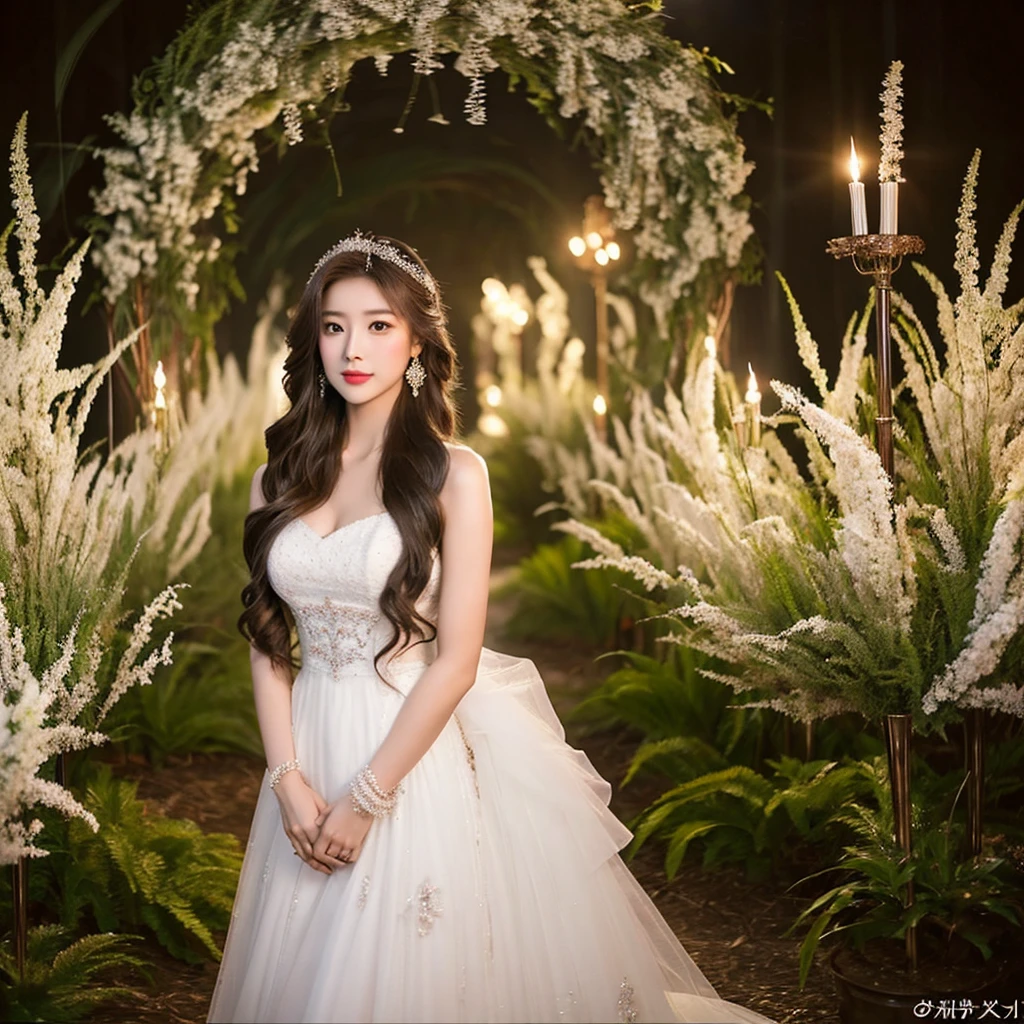 Generate an image of an extraordinarily beautiful 20-year-old Asian woman standing alone, whose beauty rivals that of a goddess of the fire element. She has large brown eyes, dark brown hair, glowing skin, and a captivating appearance. She is wearing a stunning white wedding dress that accentuates her elegance. The woman stands charmingly alone, her beauty appearing as if blessed by nature, in a very romantic and lovely aisle adorned with flowers and soft lighting, exuding a magical and serene atmosphere.