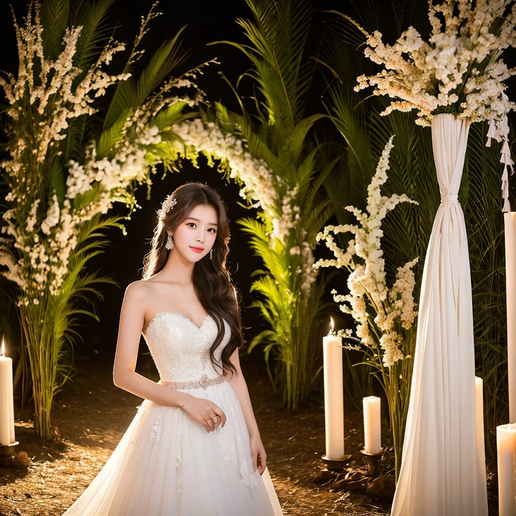 Generate an image of an extraordinarily beautiful 20-year-old Asian woman standing alone, whose beauty rivals that of a goddess of the fire element. She has large brown eyes, dark brown hair, glowing skin, and a captivating appearance. She is wearing a stunning white wedding dress that accentuates her elegance. The woman stands charmingly alone, her beauty appearing as if blessed by nature, in a very romantic and lovely aisle adorned with flowers and soft lighting, exuding a magical and serene atmosphere.