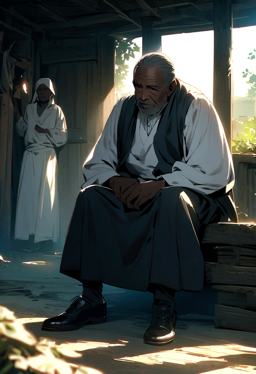 ((best quality)) , ((masterpiece)) , (detailed),"here I am,Son,You are up!"An old man in a rough cloth shorts trotted over from the front yard.。