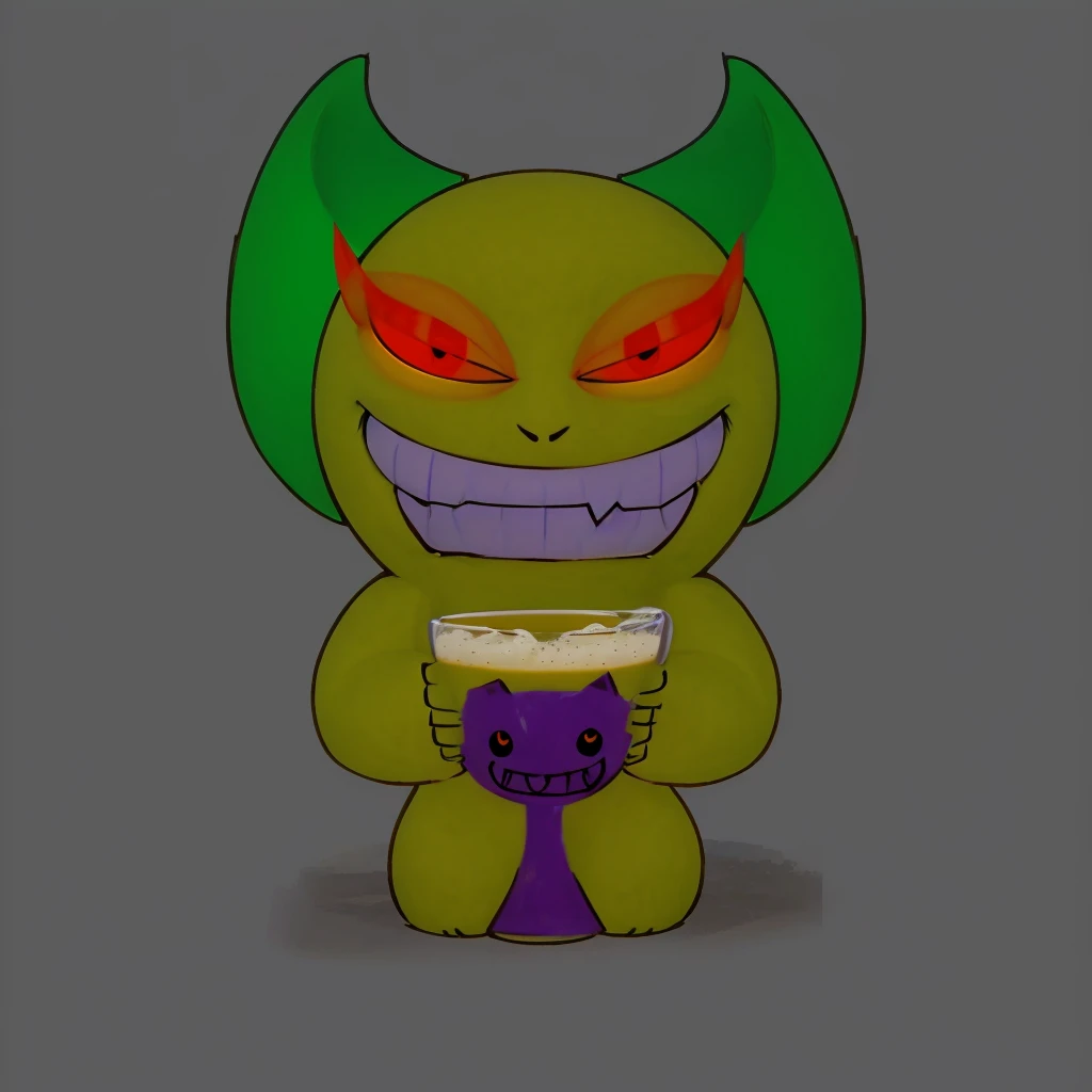 Furry yellow creatures. Red eyes and a big smile. Green horns. Holding a purple cup