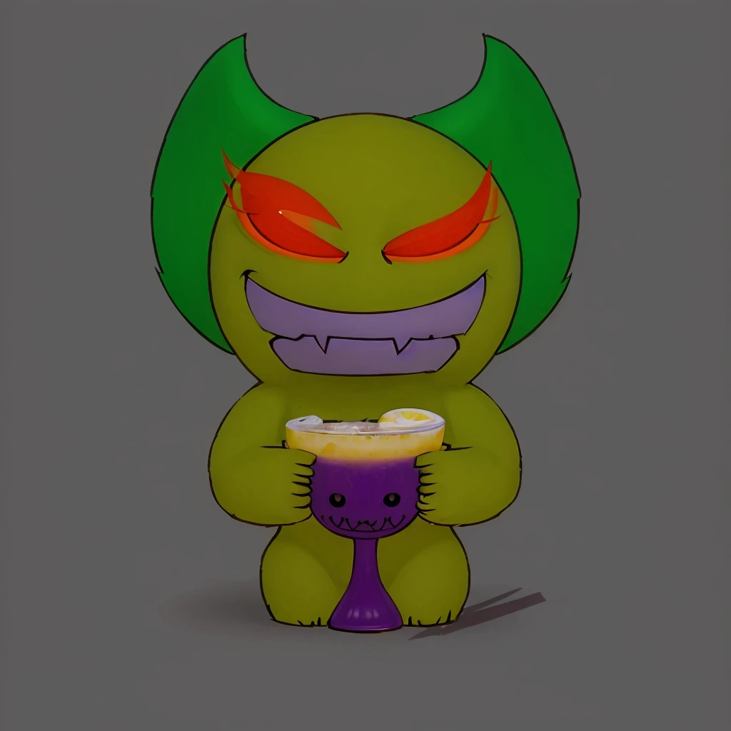 Furry yellow creatures. Red eyes and a big smile. Green horns. Holding a purple cup