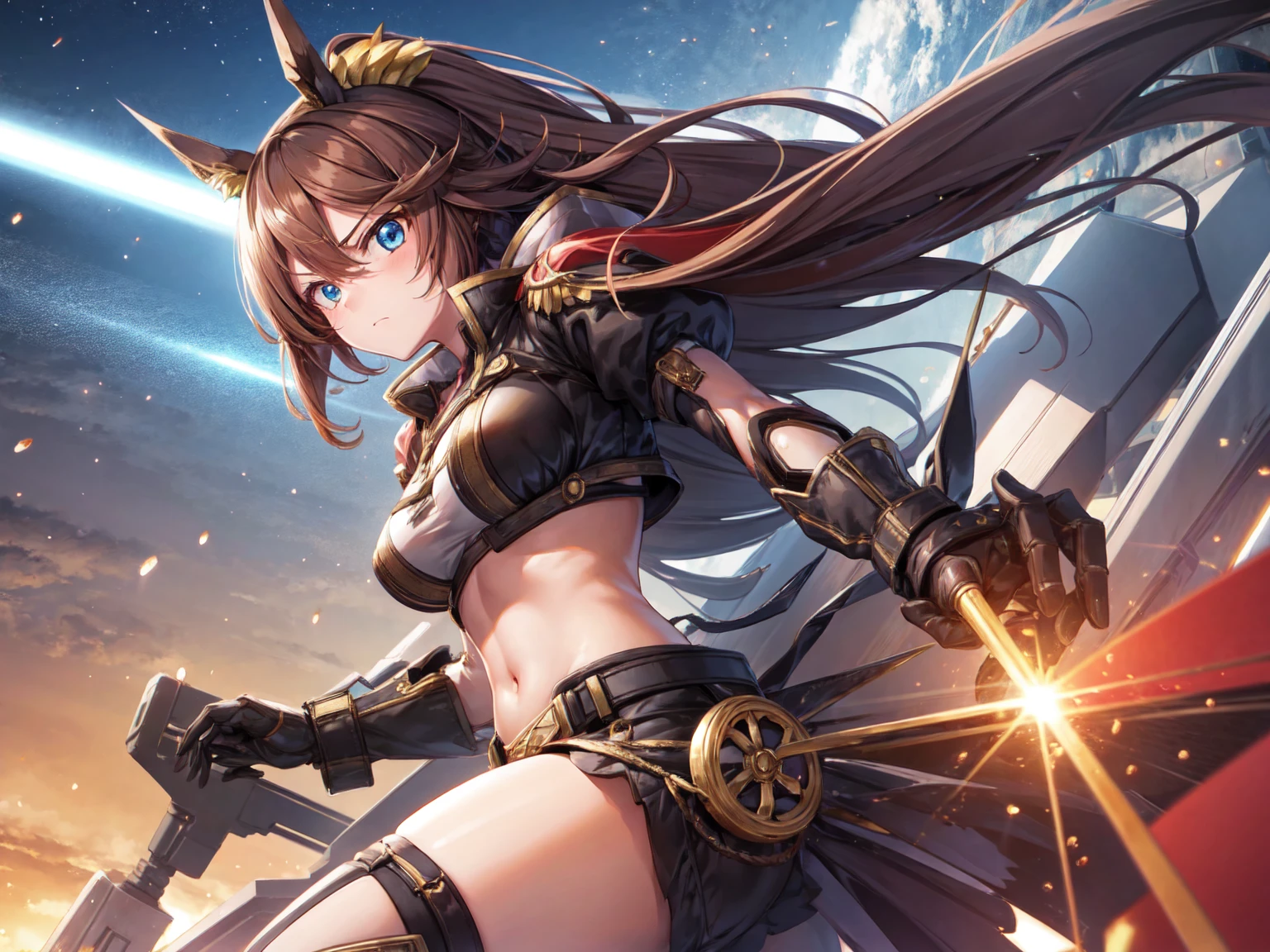 1girl, Tokai Teio, big breast, mecha musume, mechanical wing, serious face,