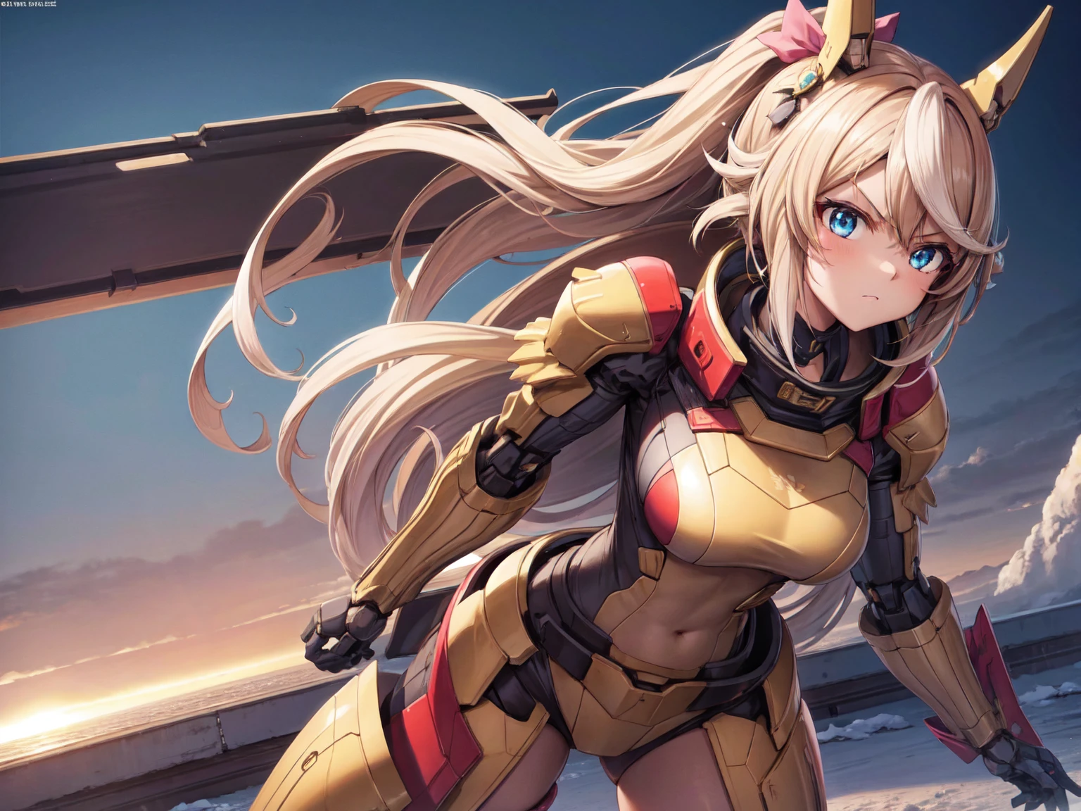 battleship,On deck,Wing Gundam Mecha(Girl)long flowing hair,Bright Eyes,Excited expression,Big breasts,Annotator from afar,