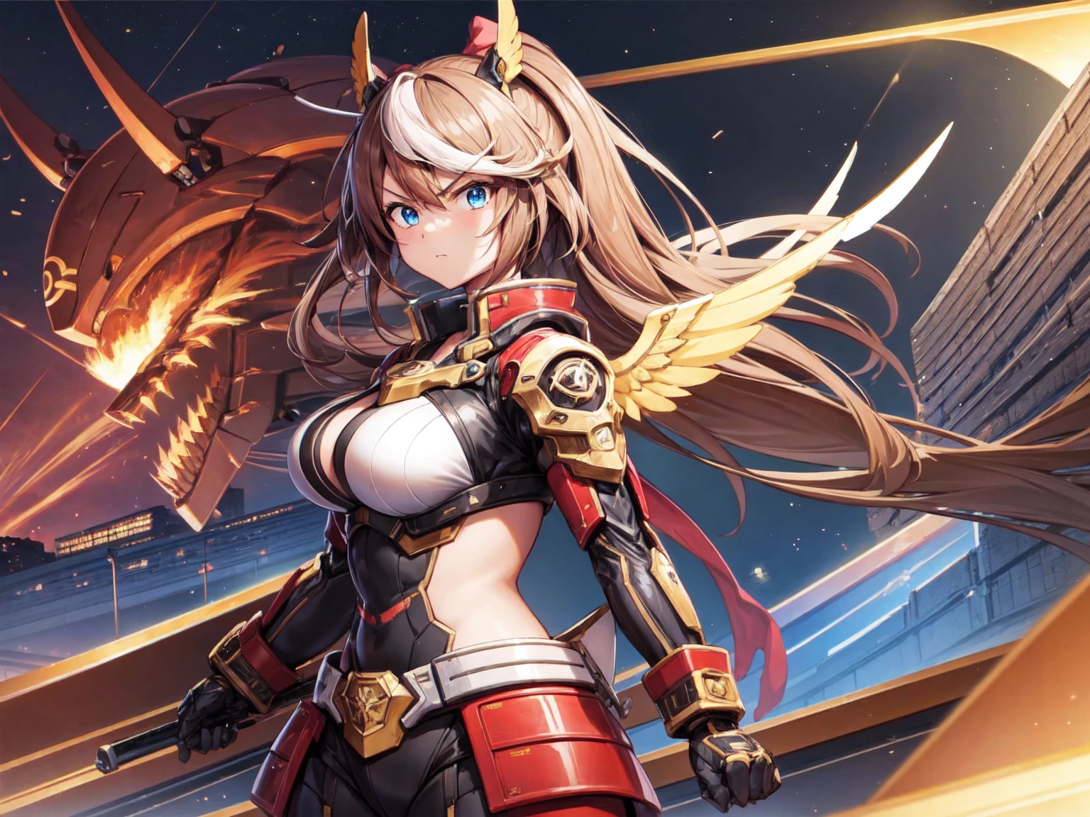 1girl, Tokai Teio, big breast, mecha musume, mechanical wing, serious face,