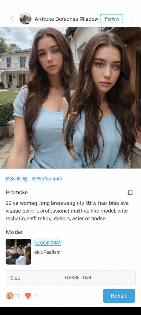 22 yo woman, long brown slightly curly hair, blue eye, visage parfait, professional makeup like model, ultra realistic, selfi miroir, dehors, exterior house