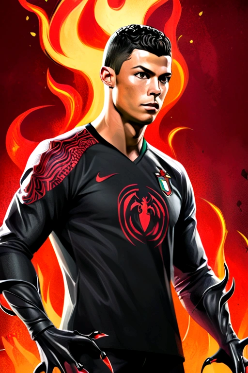 Cristiano Ronaldo in Portugal jersey with black symbiote claws, Red fire background, Rockstar game style epic poster concept art, stylized in dark grey and light red in a desaturated atmosphere, with detailed character design