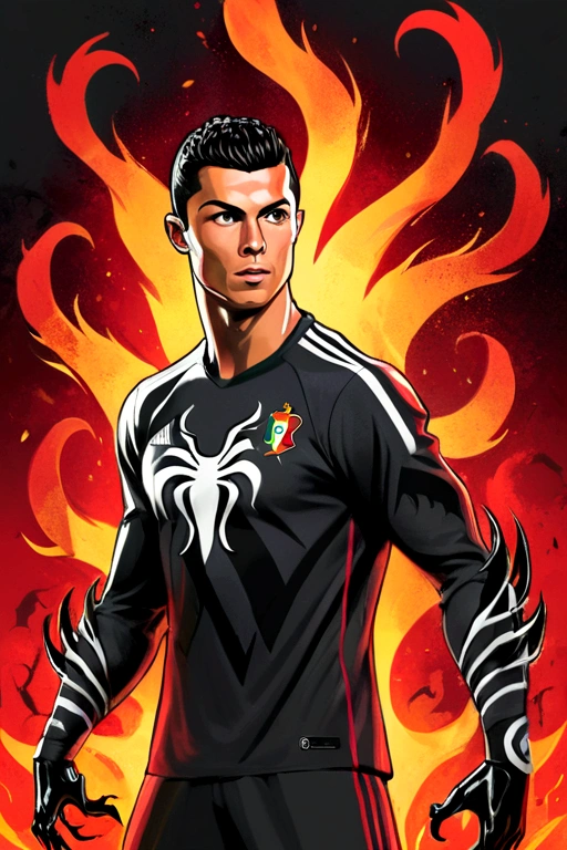 Cristiano Ronaldo in Portugal jersey with black symbiote claws, Red fire background, Rockstar game style epic poster concept art, stylized in dark grey and light red in a desaturated atmosphere, with detailed character design