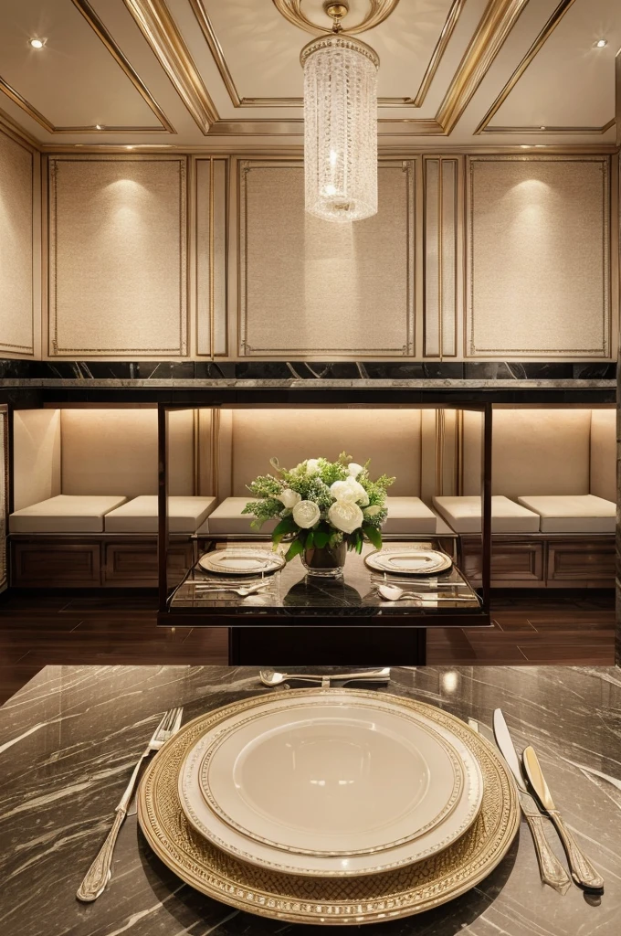 A high-quality, wide-angle photo of an elegant hotel kitchen or dining setup featuring a variety of premium utensils. The image should evoke a sense of luxury and professionalism. This could be a neatly arranged table with gleaming cutlery, stylish serving trays, and other essential utensils.