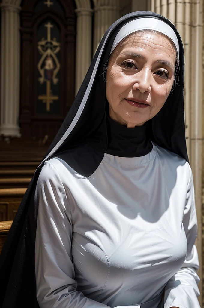 (masterpiece:1.4),(60-year-old woman:1.5),(Facial wrinkles : 1.2), gentle smile, long hair, (dressed as a catholic nun), (black and white clothes), detailed backgrounds, church, divine atmosphere