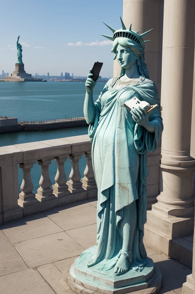 A statue of liberty talking on cell phone. photo realist. 
