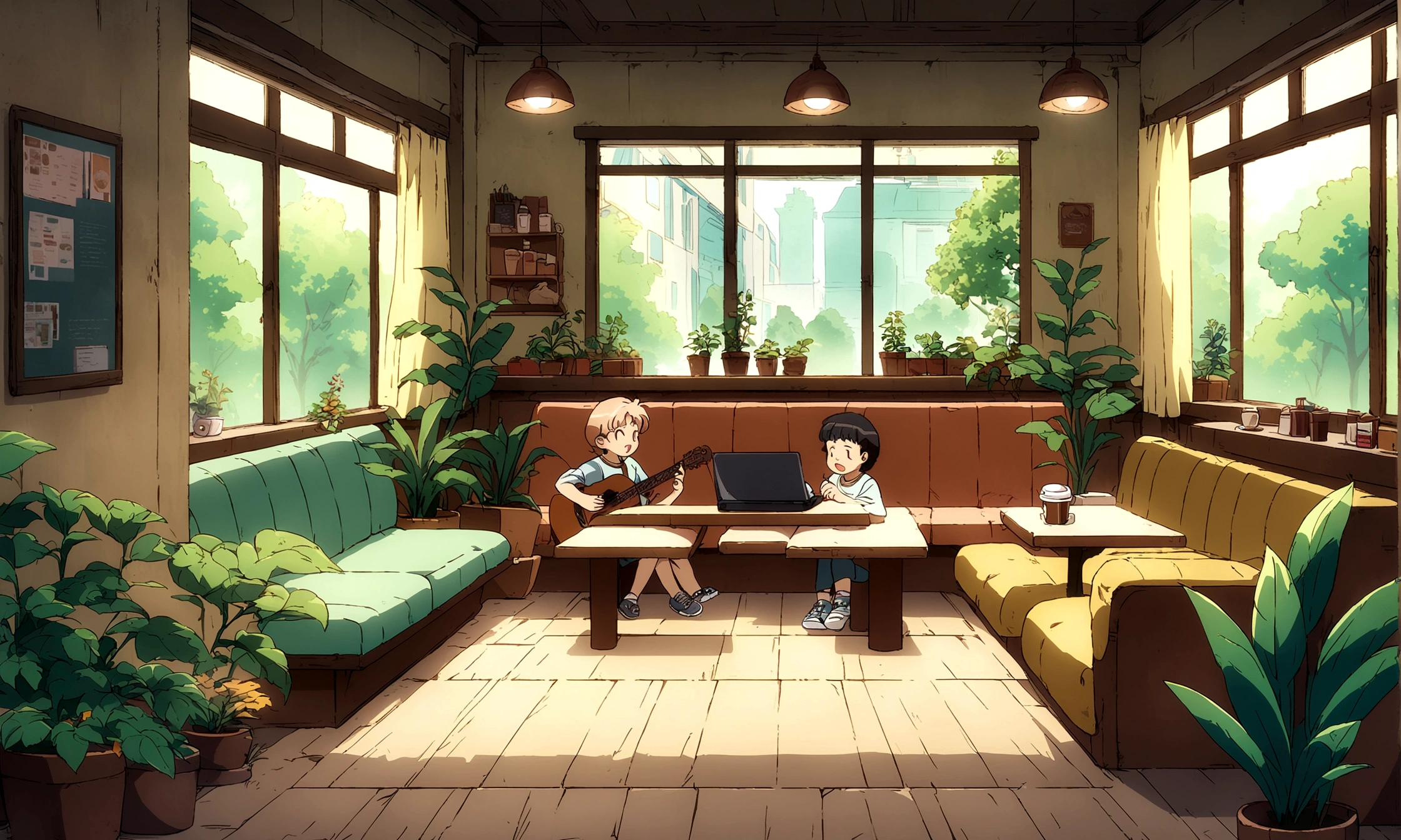 There is a room with many plants and a laptop, cozy Coffee Shop background, cafes, Anime background art, Relaxation concept art, commend artstyle, Lo-Fi illustration style, commend art, Coffee Shop interior, Relaxed atmosphere, Comfortable and pleasant atmosphere, lush foliage cyberpunk, Coffee Shop, commend feel, commend, relaxing environment, The room is full of plants, A little boy playing guitar