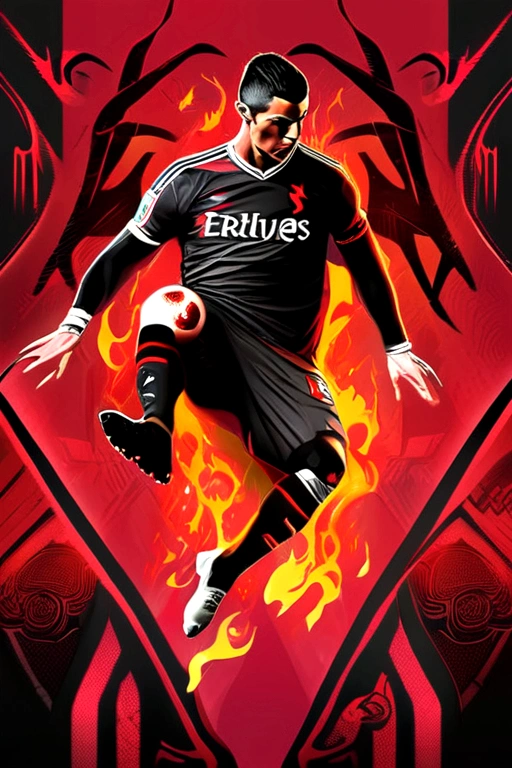 Cristiano Ronaldo in Portugal jersey with black symbiote claws, Red fire background, Rockstar game style epic poster concept art, stylized in dark grey and light red in a desaturated atmosphere, with detailed character design
