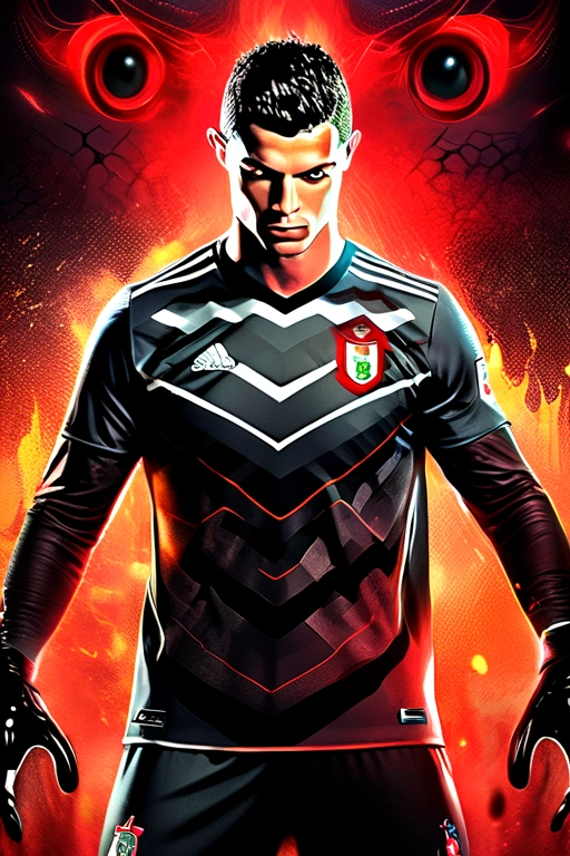 Cristiano Ronaldo in Portugal jersey with black symbiote claws, Red fire background, Rockstar game style epic poster concept art, stylized in dark grey and light red in a desaturated atmosphere, with detailed character design