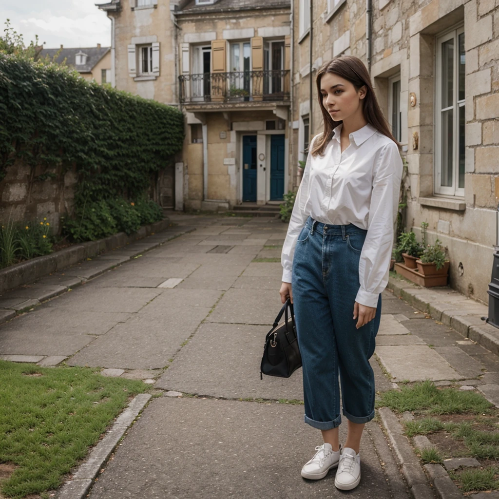 Fille avec un col v qui marche