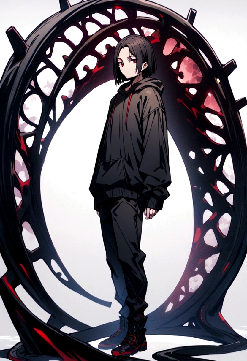 fullbody,masterpiece,standing,black hoodie,black black short hair,red eyes,adult,1boy,solo,white background,standing straight,fullbody,parted bangs