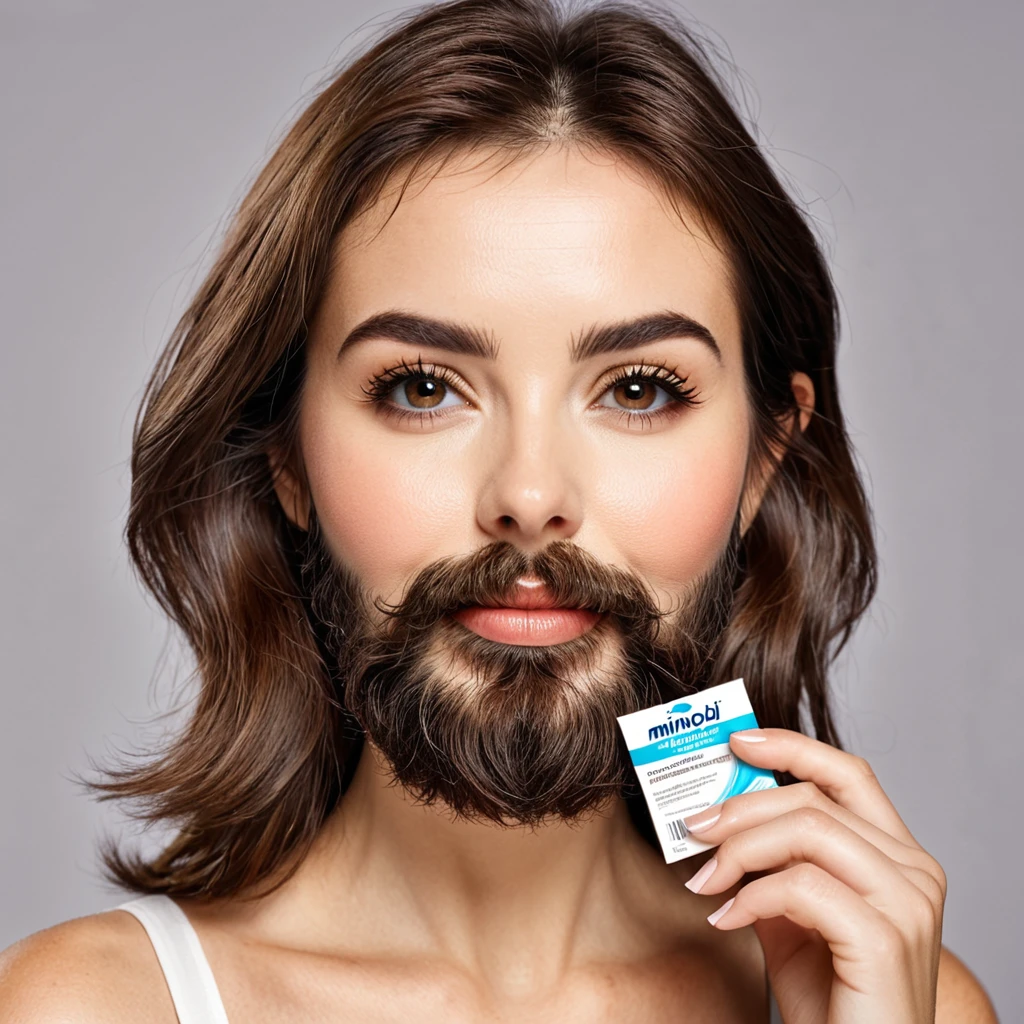 bearded woman, cheek hair, neck hair, shaggy, brown hair, hold a pack of minoxidil beard