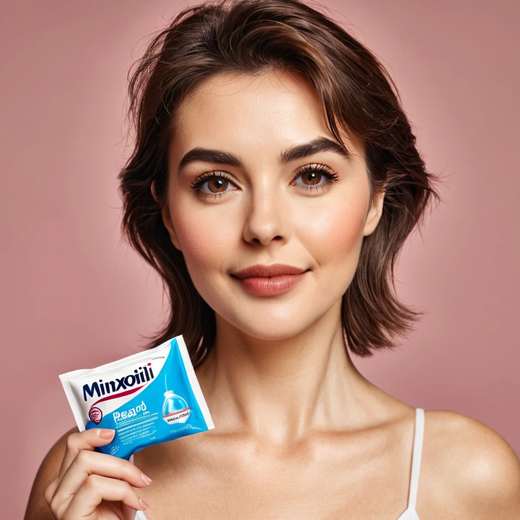 bearded woman, cheek hair, neck hair, shaggy, brown hair, hold a pack of minoxidil beard