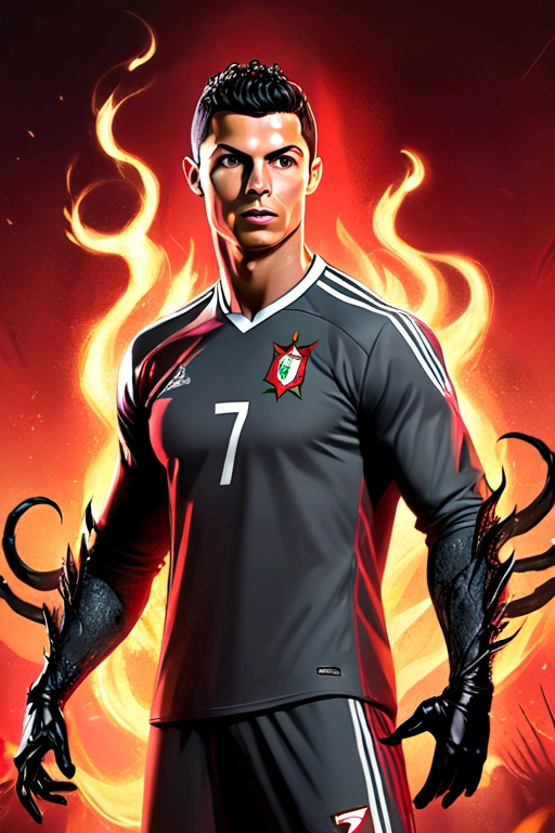 Cristiano Ronaldo in Portugal jersey with black symbiote claws, Red fire background, Rockstar game style epic poster concept art, stylized in dark grey and light red in a desaturated atmosphere, with detailed character design