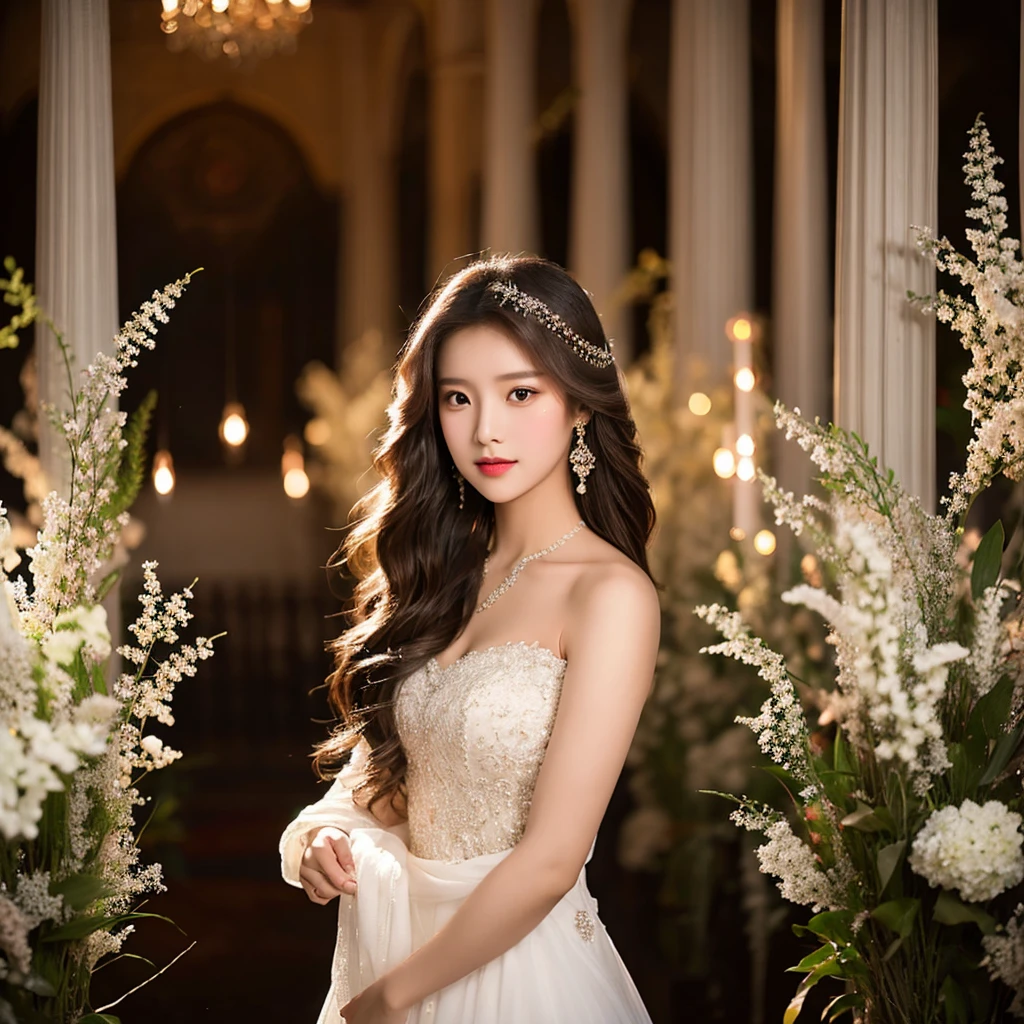 Generate an image of an extraordinarily beautiful 20-year-old Asian woman standing alone, whose beauty rivals that of a goddess of the fire element. She has large brown eyes, dark brown hair, glowing skin, and a captivating appearance. She is wearing a stunning white wedding dress that accentuates her elegance. The woman stands charmingly alone, her beauty appearing as if blessed by nature, in a very romantic and lovely aisle adorned with flowers and soft lighting, exuding a magical and serene atmosphere.