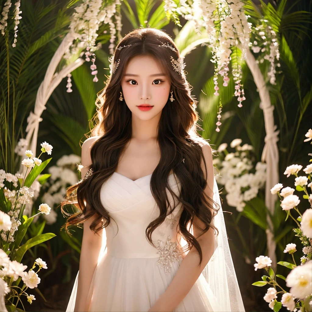 Generate an image of an extraordinarily beautiful 20-year-old Asian woman standing alone, whose beauty rivals that of a goddess of the fire element. She has large brown eyes, dark brown hair, glowing skin, and a captivating appearance. She is wearing a stunning white wedding dress that accentuates her elegance. The woman stands charmingly alone, her beauty appearing as if blessed by nature, in a very romantic and lovely aisle adorned with flowers and soft lighting, exuding a magical and serene atmosphere.