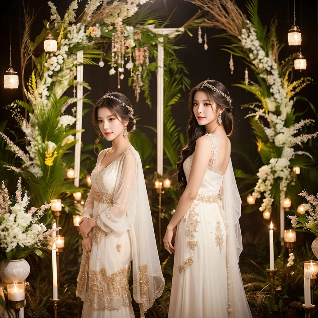 Generate an image of an extraordinarily beautiful 20-year-old Asian woman standing alone, whose beauty rivals that of a goddess of the fire element. She has large brown eyes, dark brown hair, glowing skin, and a captivating appearance. She is wearing a stunning white wedding dress that accentuates her elegance. The woman stands charmingly alone, her beauty appearing as if blessed by nature, in a very romantic and lovely aisle adorned with flowers and soft lighting, exuding a magical and serene atmosphere.