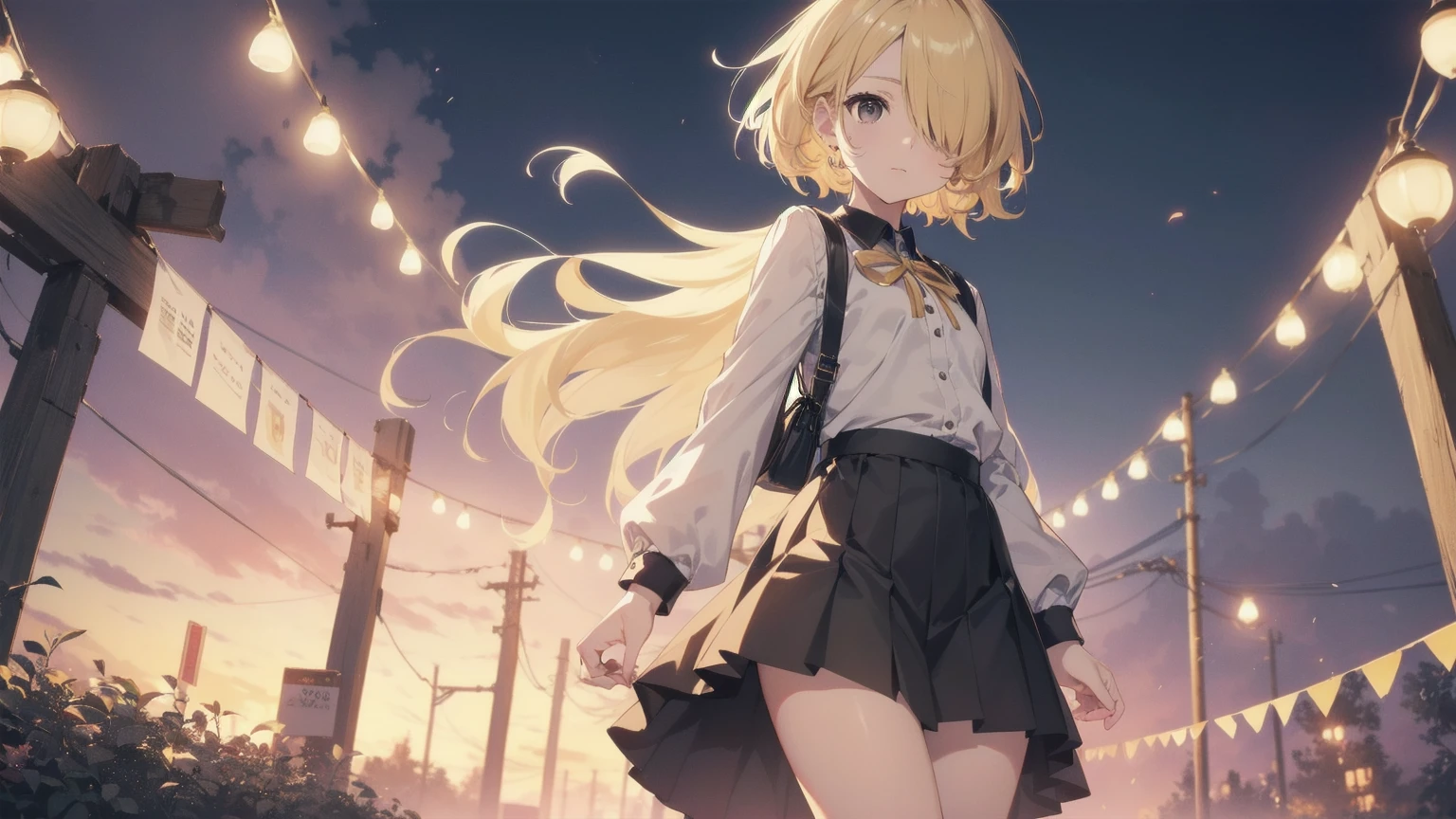 Highest quality, Anime Moe Art Style,Best Anime 8K Konachan Wallpaper,pixiv contest winners,Perfect Anatomy, (Please draw a girl walking sleepily to school...... ),break, 1 Girl, (alone,,,13 years old:1.3),high school student, short hair, amount, (Hair above one eye:1.7),All limbs, Full Finger,Medium Chest, Between the legs, Small eyes,accurate black eyes, Very detailed,High resolution,ultra high density skin, Professional Lighting,8K eye detail, (Cute illustrations:1.2),blonde，blonde hair，Expressionless，(Hair on one eye:1.5)，Highest quality, Anime Moe Art Style,Best Anime 8K Konachan Wallpaper,pixiv contest winners,Very detailed,High resolution,ultra high density skin, Professional Lighting,8K eye detail, (Cute illustrations:1.2),blonde，blonde hair，Expressionless，(Hair on one eye:1.5),カラフルでカラフルなshort hair，Wearing a yellow apricot colored JK uniform and a white pleated skirt，knee-length white silk，Rin々New and cute，A little sweet