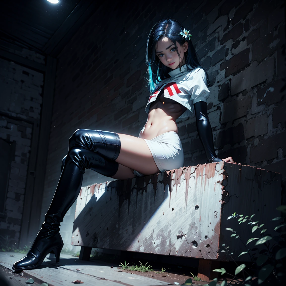 1girl, (solo), long straight hair, blue hair, flat chest, small size, blue eyes, fair skin, glossy lips ,team rocket uniform, red letter R, white skirt, white crop top, black thigh-high boots, black elbow gloves, perverted smile, red cheeks, looking down on viewer, sitting down, legs crossed, naked sex, sex view, lots of cum on sex, full body, (night), moon, forest, (very sexy body, detailed face, masterpiece, highly detailed, 8k, best quality, vibrant colors, digital art, concept art)