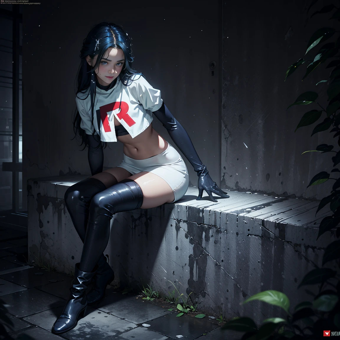 micaiah fe, short bob hair, black hair, blue eyes, fair skin, small breasts, glossy lips ,team rocket uniform, red letter R, white skirt, white crop top, black thigh-high boots, black elbow gloves, serious face, looking down on viewer, sitting down ,legs crossed, naked sex, sex view, lots of cum on sex, full body, night sky background (very sexy body, detailed face, masterpiece, highly detailed, 8k, best quality, vibrant colors, digital art, concept art).