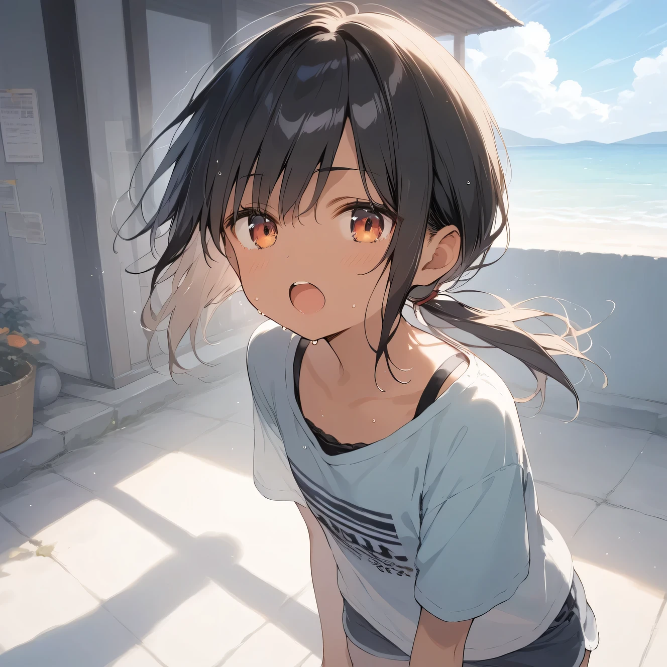 score_9, score_8_up, score_7_up, source_anime, best quality, masterpiece, official art, absurdres, highres, ultra-detailed,waifu2x,Collection: Slice of Life,break,1girl, tomboy, dark-skinned female, short hair, low ponytail, flat chest, beautiful detailed eyes, short shorts, sweat, open mouth, (yawn:0.3), sleepily, outdoors, wind,break,(clear line illustration:1.2), super detailed skin,very high resolution, very aesthetic, Best sexual lighting powered by famous artist, 8k,cute picture,beauty illustration,photoshop_(medium),,(Detailed Lighting),best anime 8k konachan wallpaper, pixiv contest winner,