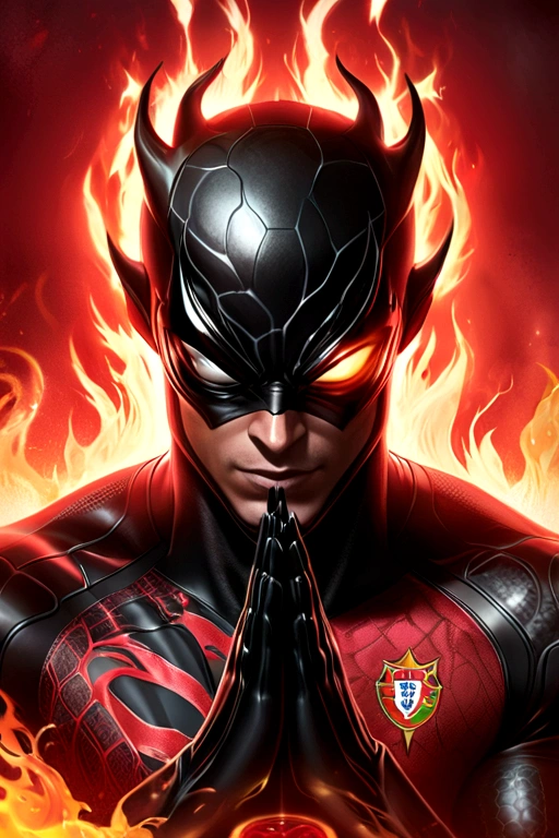 Cristiano Ronaldo in Portugal jersey with black symbiote claws, Red fire background, Rockstar game style epic poster concept art, stylized in dark grey and light red in a desaturated atmosphere, with detailed character design