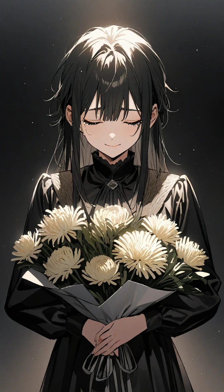 (masterpiece)、(absurdres)、(ultra detailed)、The Kindaichi Case Files、独奏,from front,Hajime Kindaichi、Anime illustration、Mourning clothes、cowboy shot,smile,Sad tears:1.6,closed eyes,holding a large bouquet of chrysanthemums、soft lighting,Asahi、white background,