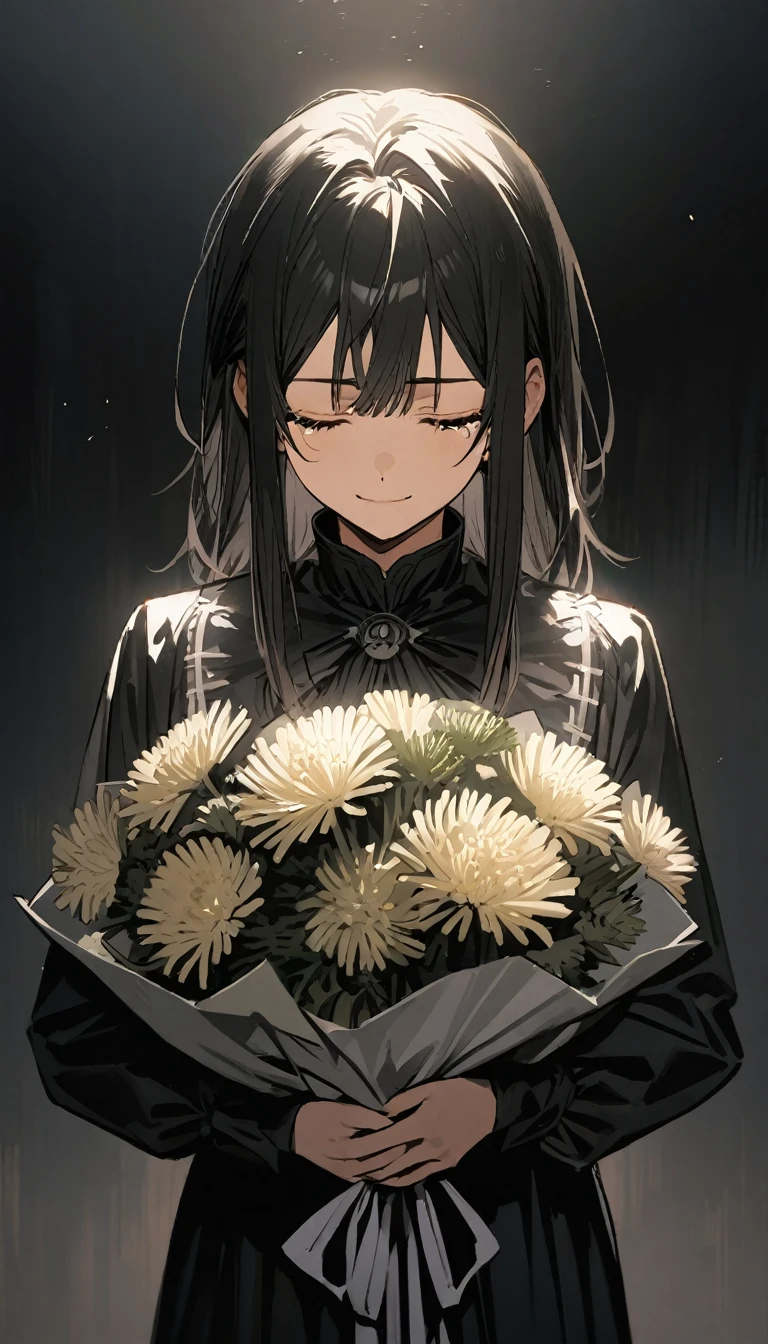 (masterpiece)、(absurdres)、(ultra detailed)、The Kindaichi Case Files、独奏,from front,Hajime Kindaichi、Anime illustration、Mourning clothes、cowboy shot,smile,Sad tears:1.6,closed eyes,holding a large bouquet of chrysanthemums、soft lighting,Asahi、white background,