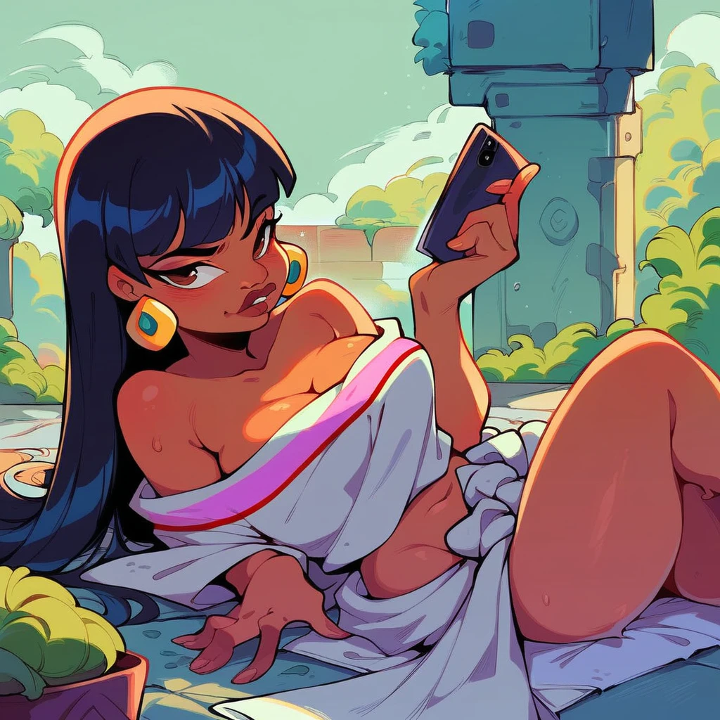 score_9_presence, score_8_up, chel, el dorado, wrapped in towel, medium breasts, holding phone