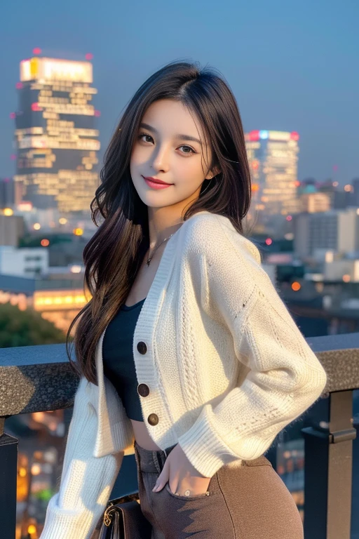 (Transcendental beauty:1.2), Modeled, Age 25, Cute face, The best smile, Gravure photos for fashion magazines, masterpiece, Highest quality, Award-winning works, ((High resolution)), ((Highly detailed CG Unity 8k wallpaper)), Great Skin, (Random Hairstyles), Perfect body line, Slender body, Famous brand clothes, Autumn outfit, Classy and fashionable atmosphere, captivating and mesmerizing, Sexy Girl, Stand against the backdrop of the city skyline, Autumn glow