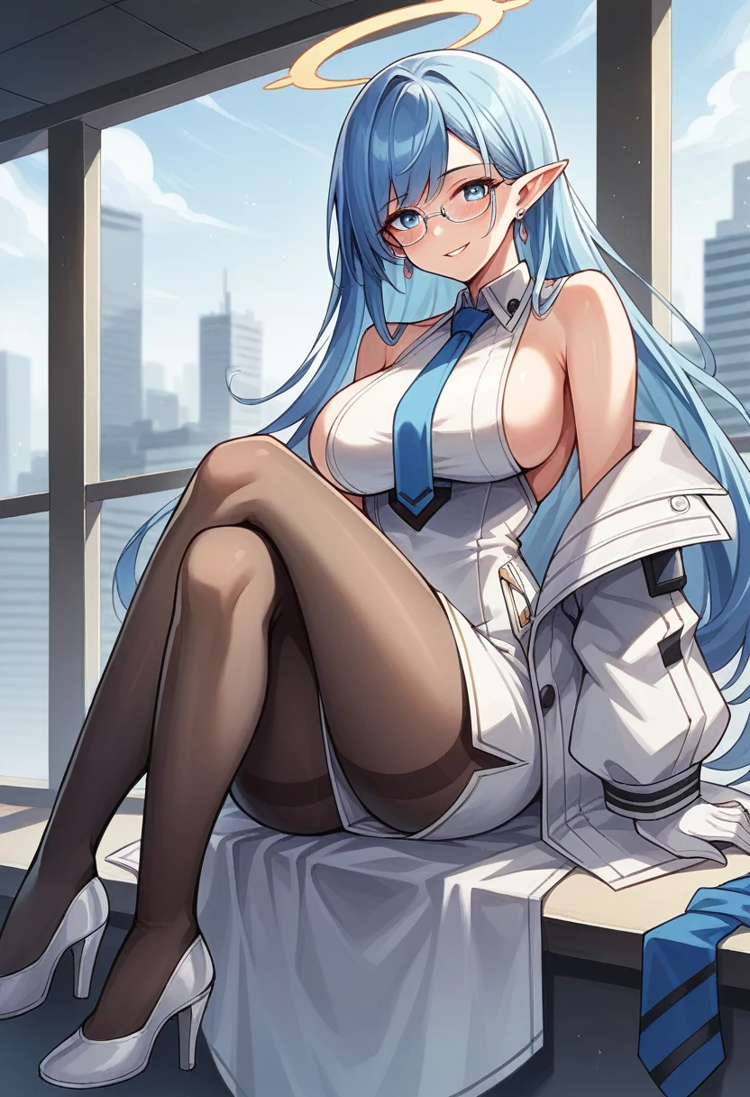 noodlenood style, 1girl, halo, breasts, solo, pointy_ears, pantyhose, high_heels, long_hair, necktie, sitting, black_hair, blue_eyes, blue_necktie, large_breasts, white_gloves, earrings, glasses, gloves, jewelry, eyewear_removed, looking_at_viewer, black_pantyhose, bangs, parted_lips, crossed_legs, jacket, sideboob, sleeveless, smile, very_long_hair, window, dress, hand_on_own_knee, cityscape, white_footwear, blue_hair, indoors, half_gloves, swept_bangs, white_dress, jacket_on_shoulders, blush, bare_shoulders, white_jacket