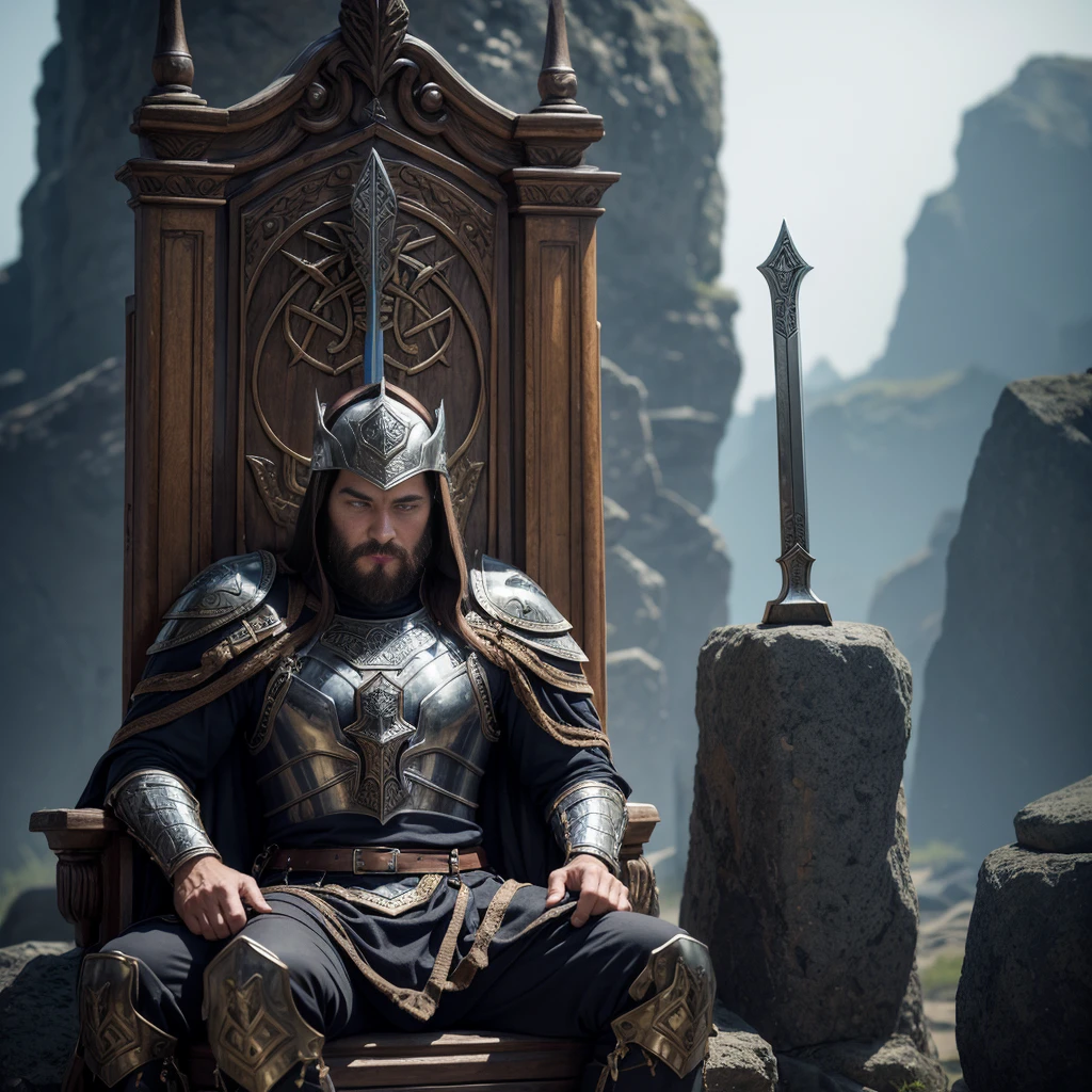 A man in magic armor sits on a stone throne, the throne is decorated with runes, there is a sword nearby, a man&#39;s hand lies on the hilt of a sword, piercing gaze, mysterious smile, Brown hair, high quality 