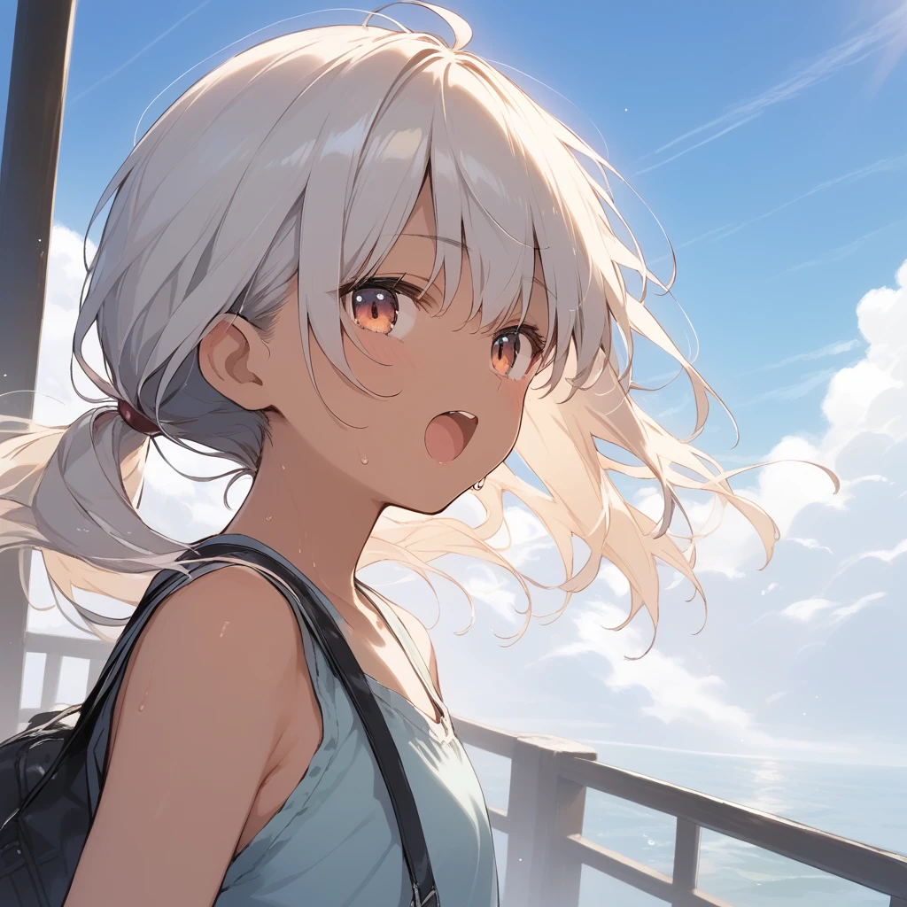 score_9, score_8_up, score_7_up, source_anime, best quality, masterpiece, official art, absurdres, highres, ultra-detailed,waifu2x,Collection: Slice of Life,break,1girl, tomboy, dark-skinned female, short hair, low ponytail, flat chest, beautiful detailed eyes, short shorts, sweat, open mouth, (yawn:0.3), sleepily, outdoors, wind,break,(clear line illustration:1.2), super detailed skin,very high resolution, very aesthetic, Best sexual lighting powered by famous artist, 8k,cute picture,beauty illustration,photoshop_(medium),,(Detailed Lighting),best anime 8k konachan wallpaper, pixiv contest winner,